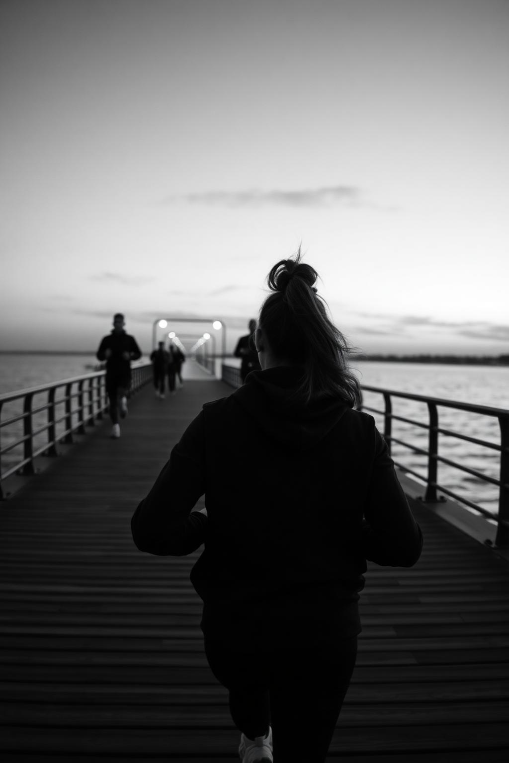 Person i bevegelse på en brygge i skumringen